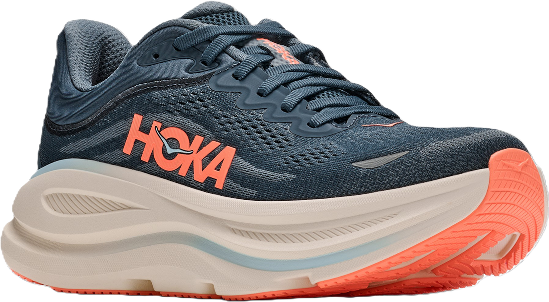 A Hoka running shoe in navy blue and orange, featuring a thick white and light blue cushioned midsole and a bright orange outsole.
